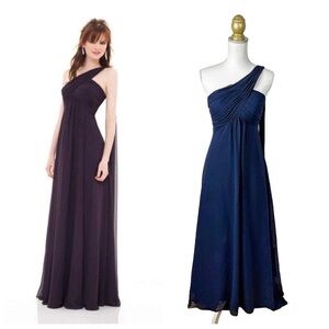 Bill Levkoff One-Shoulder Gown in navy chiffon with attached scarf